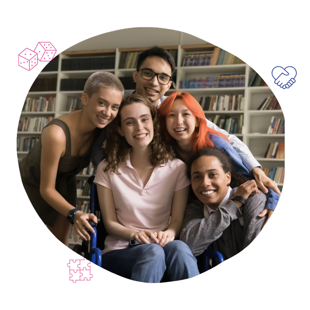 A diverse group of five young adults, one in a wheelchair smiling, showcasing Your Best Life Behaviour Support